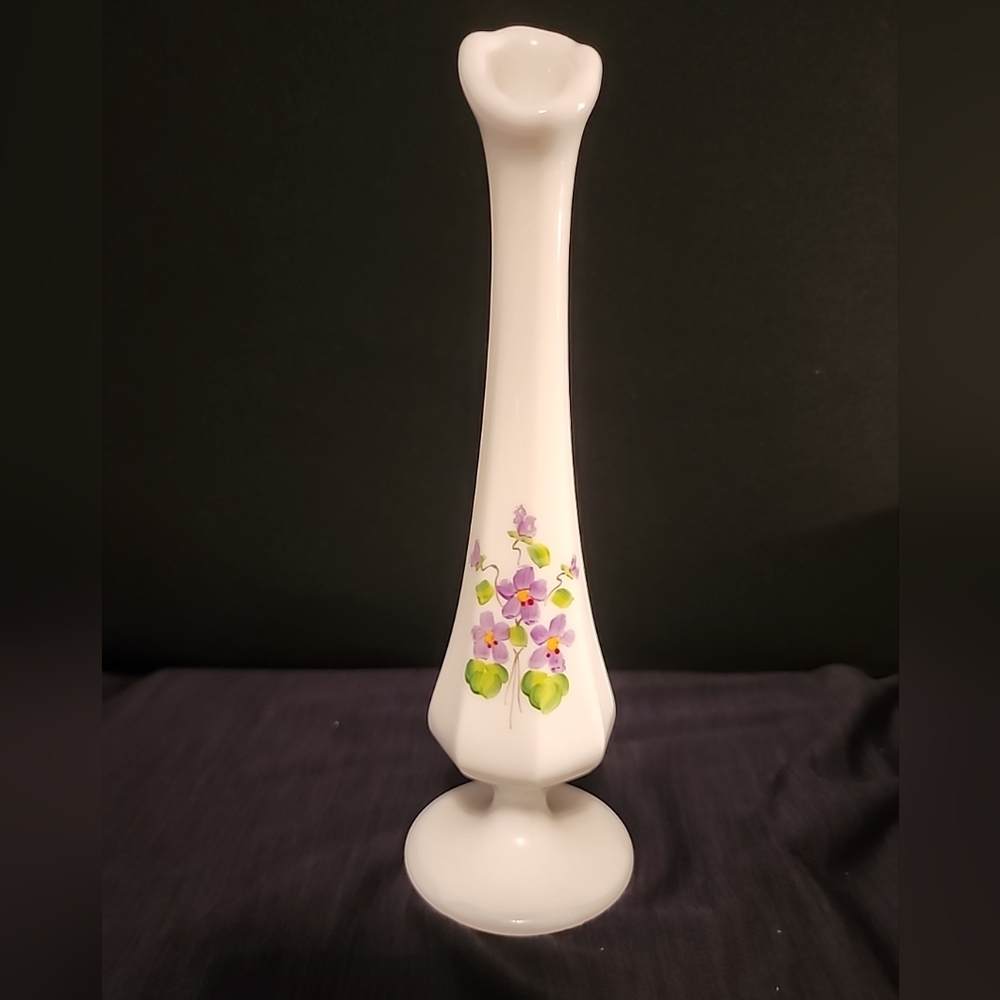 Vintage Fenton Swung Bud Vase Handpainted Flowers Milk Glass Signed Trembly 8in